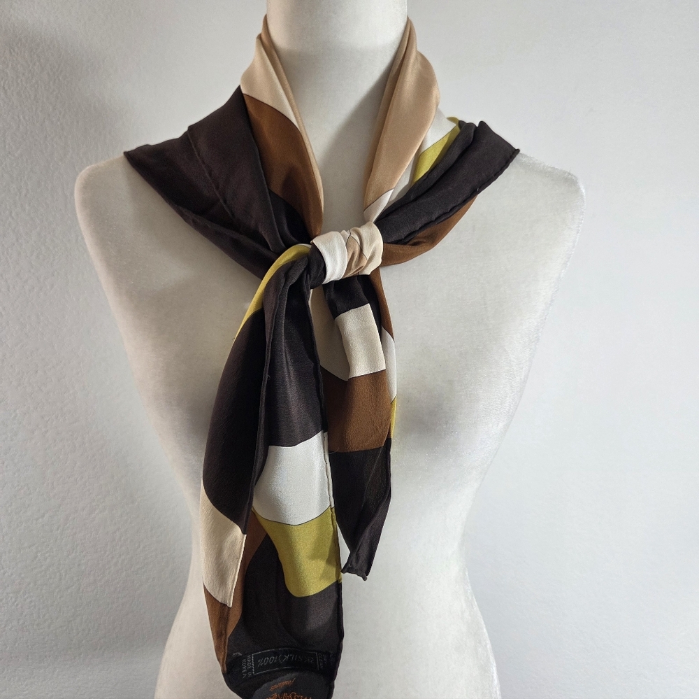 Vintage YVES SAINT LAURENT Silk Geometric Neutral Neckerchief Square Scarf - Picture 14 of 15
